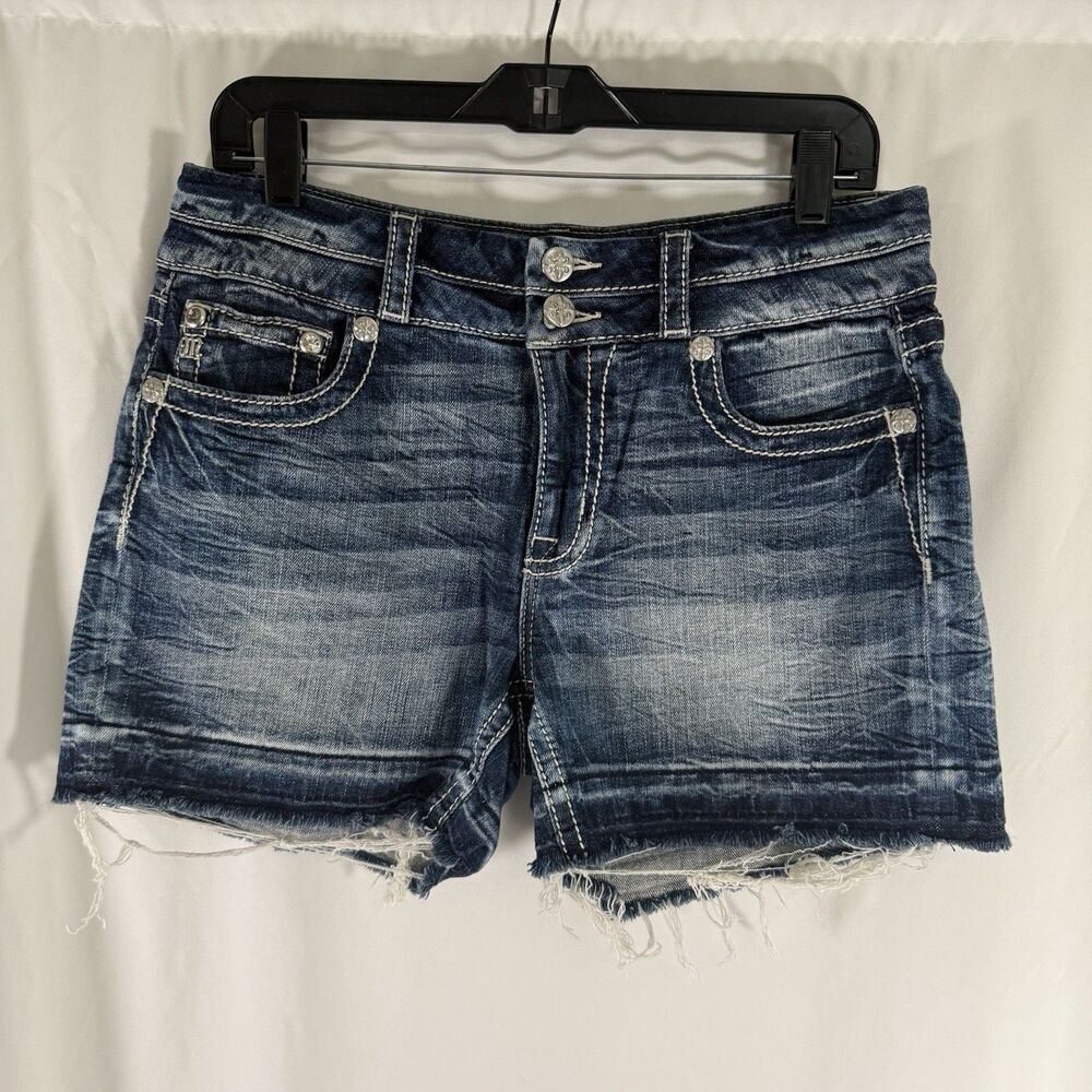 Miss Me Jean Curvy Shorts Women's 30 Dark Wash Cut Off Whiskered 4.5" Inseam